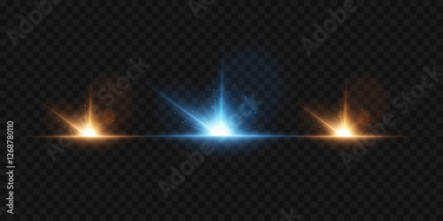 Set of light flashes and highlights, glowing star effect. On a transparent background.