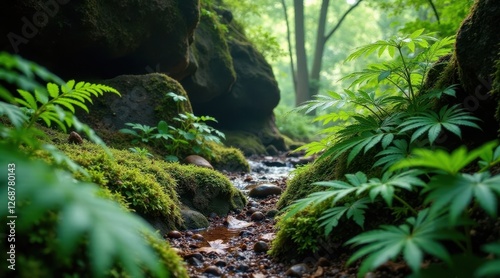 Serene Forest Streambed Lush Vegetation and Mossy Rocks Frame a Gently Flowing Creek