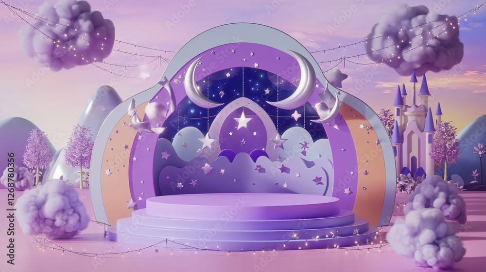 Fototapeta premium Whimsical Stage Featuring Clouds Crescent and Castle in a Pastel Color Palette