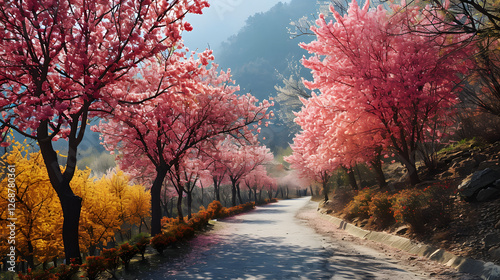 Cherry Blossoms and Foliage Along Springtime Path