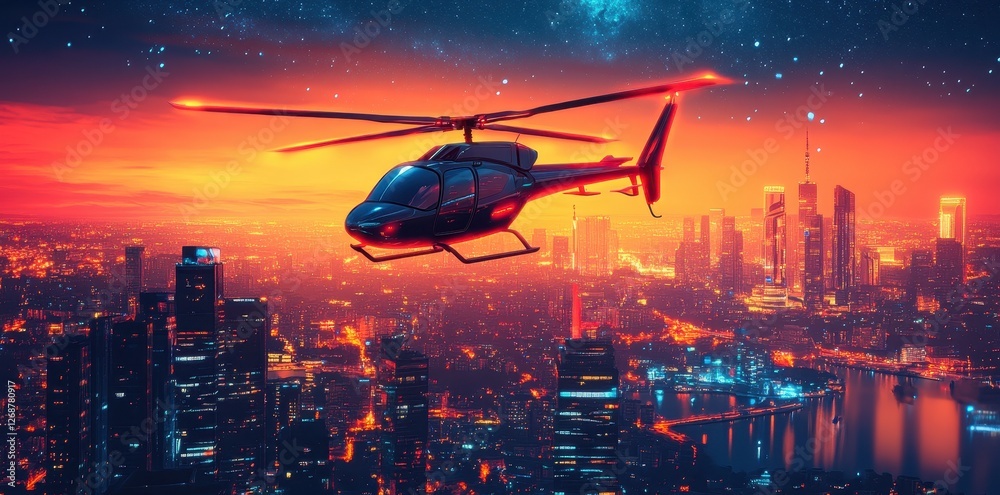 Helicopter flying over a futuristic illuminated city at night Helicopter flying over a futuristic illuminated city at night