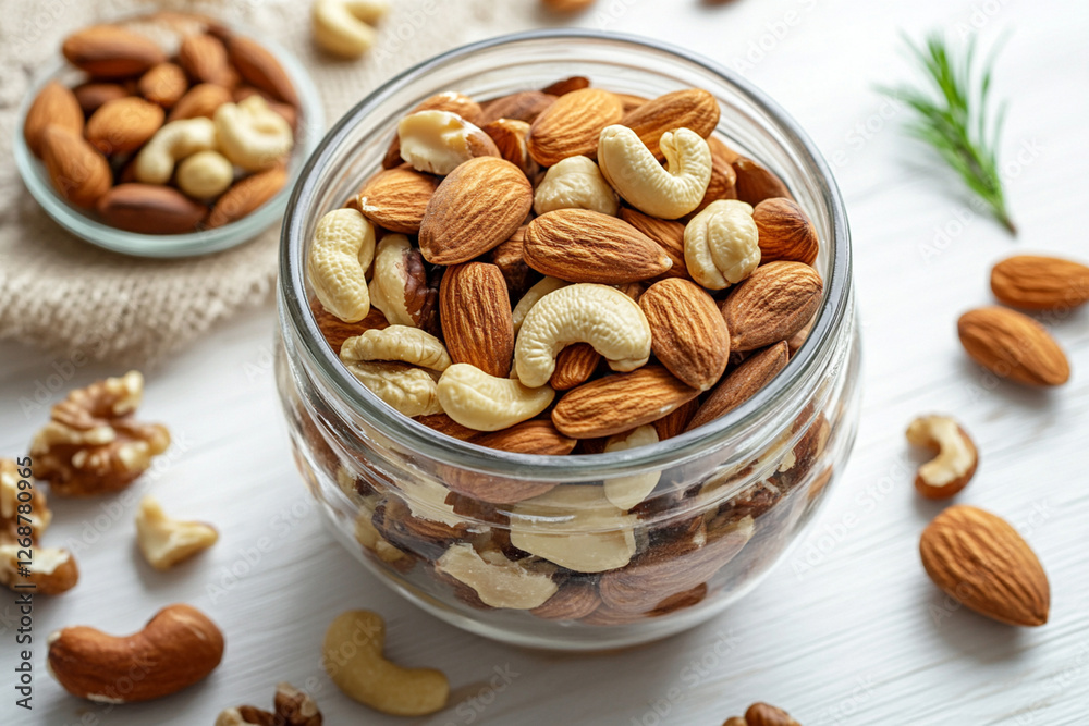 Clear glass jar is filled with a mix of almonds, cashews, and walnuts placed on a white wooden surface with nuts scattered around Clear glass jar is filled with a mix of almonds, cashews, and walnuts placed on a white wooden surface with nuts scattered around