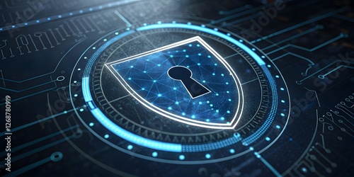 Neon Cyber Defense 3D Rendering of a Glowing Blue Shield Icon with Digital Circuit Background