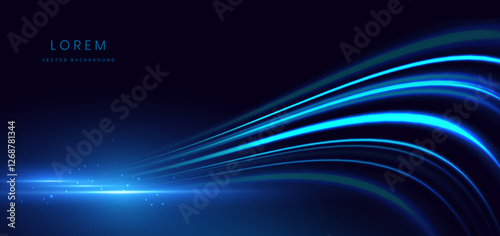 Abstract elegant glowing blue curve ray lighting effect on black background.