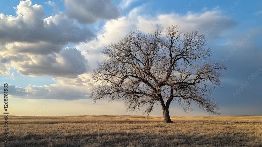 Solitary tree stands resilient against a dramatic sky in open field Solitary tree stands resilient against a dramatic sky in open field