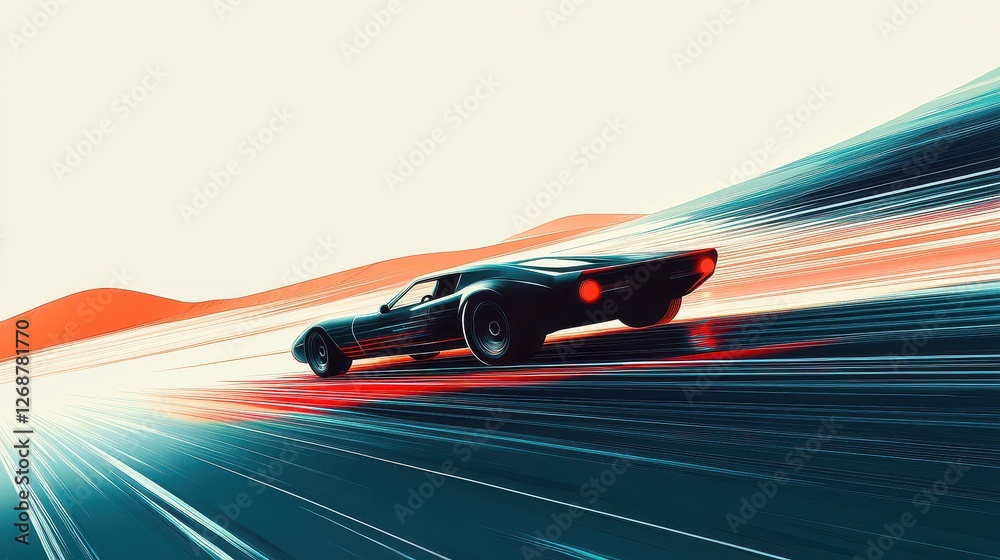 A sleek dark car races against a blurred abstract background A sleek dark car races against a blurred abstract background