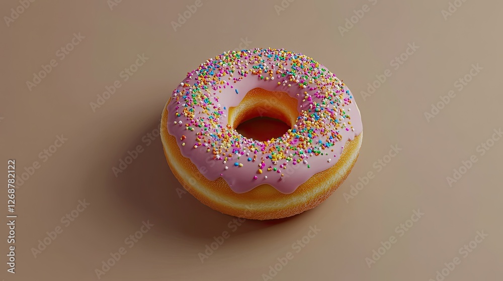 A top-down view of a donut with vibrant, multicolored icing and sprinkles, lying on a neutral-colored background, perfect for sweet food visuals A top-down view of a donut with vibrant, multicolored icing and sprinkles, lying on a neutral-colored background, perfect for sweet food visuals