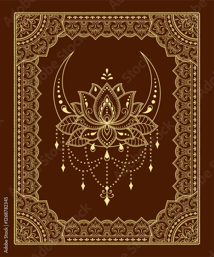 Frame in eastern tradition with Lotus. Stylized with henna tattoos decorative pattern for decorating covers for book, notebook, casket, magazine, postcard and folder. Flower border in mehndi style.