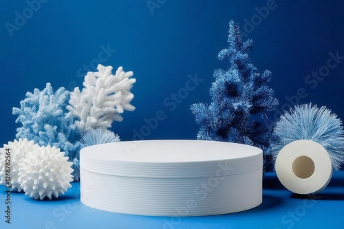 Winter product display, blue backdrop, podium, decor photo