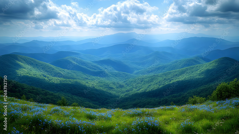 Mountain Valley Landscape With Blue Flowers Mountain Valley Landscape With Blue Flowers