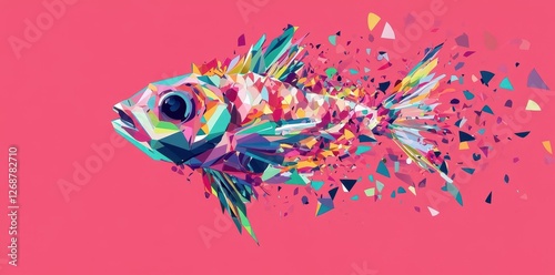 Colorful geometric fish disintegrates into abstract shapes in a pink background photo