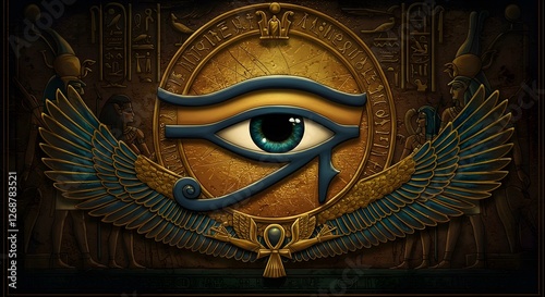 Egyptian Eye of Horus Ancient Symbol with Hieroglyphs and Golden Wings