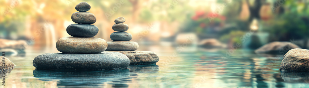 Serene landscape featuring stacked stones in calm water, evoking tranquility and peaceful reflection in nature. Serene landscape featuring stacked stones in calm water, evoking tranquility and peaceful reflection in nature.