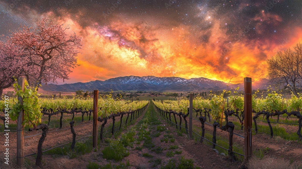 Naklejka premium Vineyard at Sunset with Milky Way Galaxy
