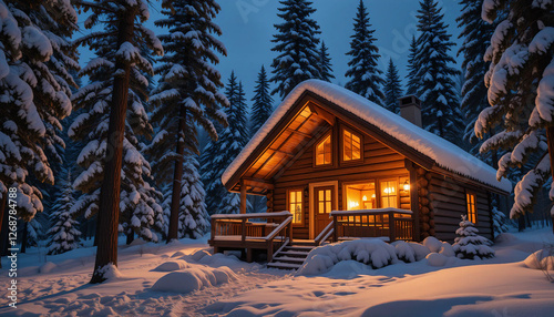 Winter Wonderland with a Warm, Lit Cottage