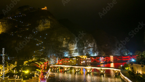 Obraz na płótnie The Beautiful Ancient City of Zhenyuan, Guizhou, China at Night w salonie