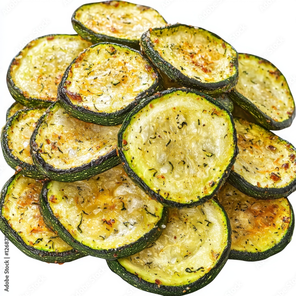 Crispy Baked Zucchini Slices with Golden Brown Crust and Fresh Herbs on a White Background for Healthy Snacking Ideas Crispy Baked Zucchini Slices with Golden Brown Crust and Fresh Herbs on a White Background for Healthy Snacking Ideas