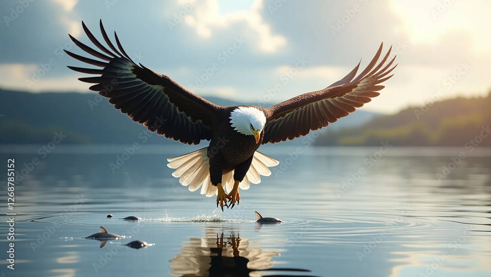 Fototapeta premium An eagle with a white head and brown wings takes off over the water. In the distance, wooded hills and a blue sky with clouds are visible.
