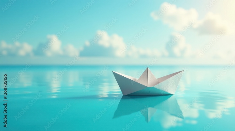 A Small Paper Boat Gently Floats on Serene Aqua Waters Under a Bright Sky with Soft Clouds A Small Paper Boat Gently Floats on Serene Aqua Waters Under a Bright Sky with Soft Clouds