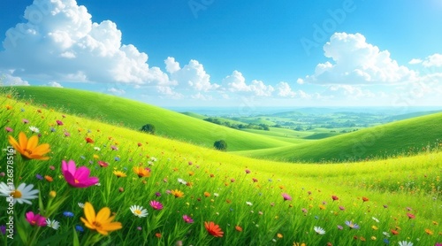 Serene Rolling Hills Landscape Featuring Vibrant Wildflowers in a Lush Green Meadow Under a Bright Sunny Sky