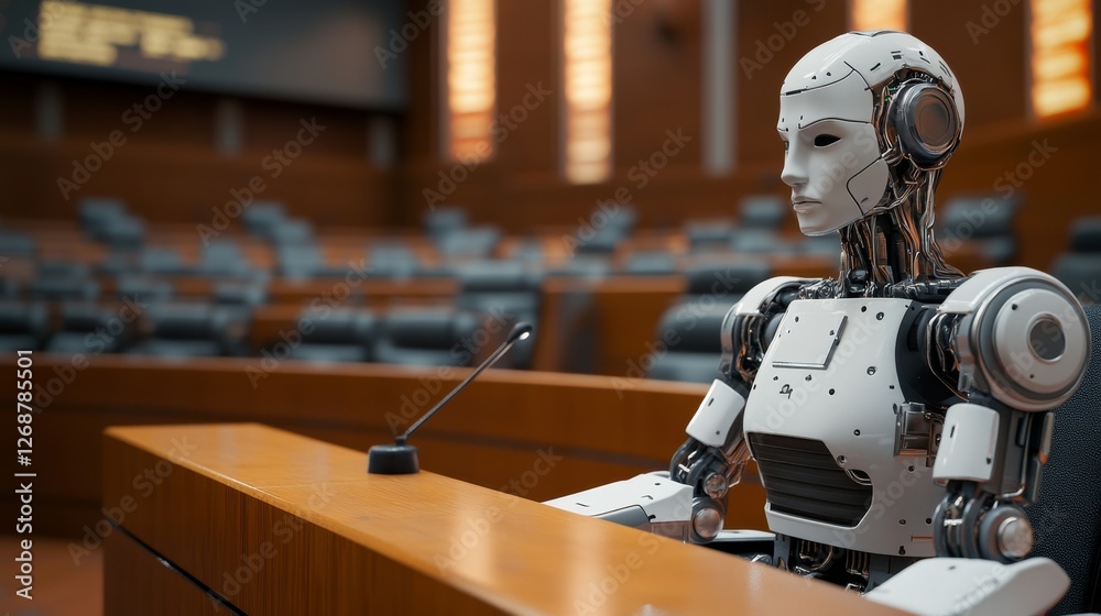 Fototapeta premium Futuristic Courtroom Scene with Robot and Human Judge Interaction