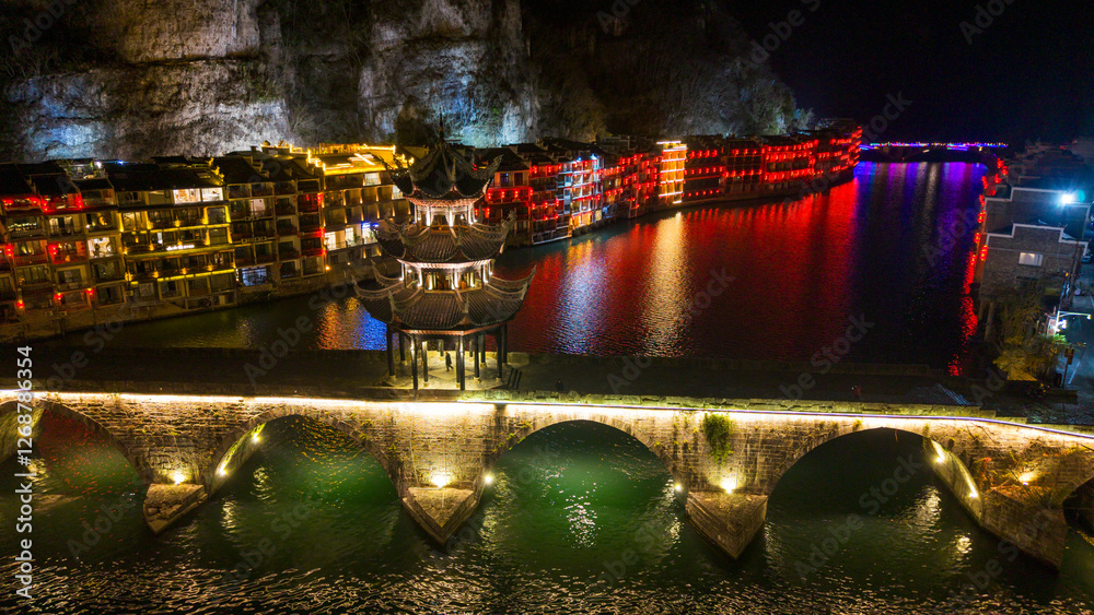 The Beautiful Ancient City of Zhenyuan, Guizhou, China at Night