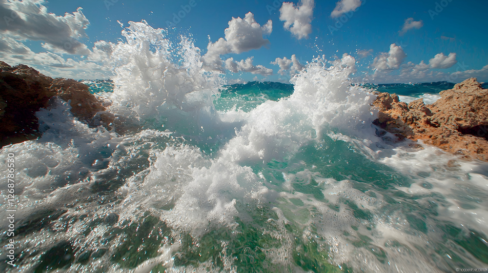 Fototapeta premium Powerful ocean waves crashing against rocky shore under a bright blue sky with clouds.