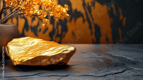 Luxury gold foil branding photoshoot scene, elegant golden reflections, premium textures, high-end sophisticated ambiance