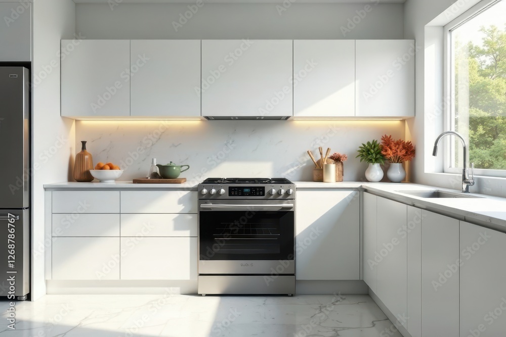 Fototapeta premium Modern minimalist kitchen design with stainless steel appliances and bright white cabinetry