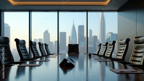 Interview panel, Executive room in a skyscraper formal table with a setup photorealistic.