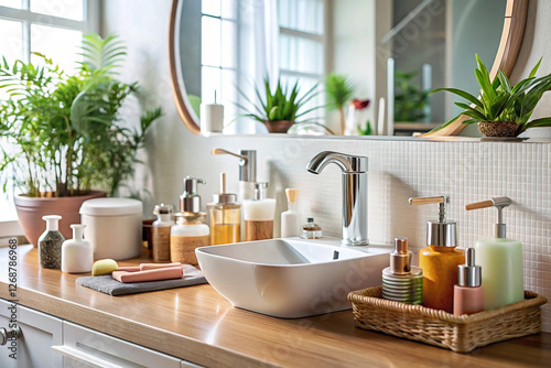 Modern bathroom sink with toiletries, plants, and natural light photo