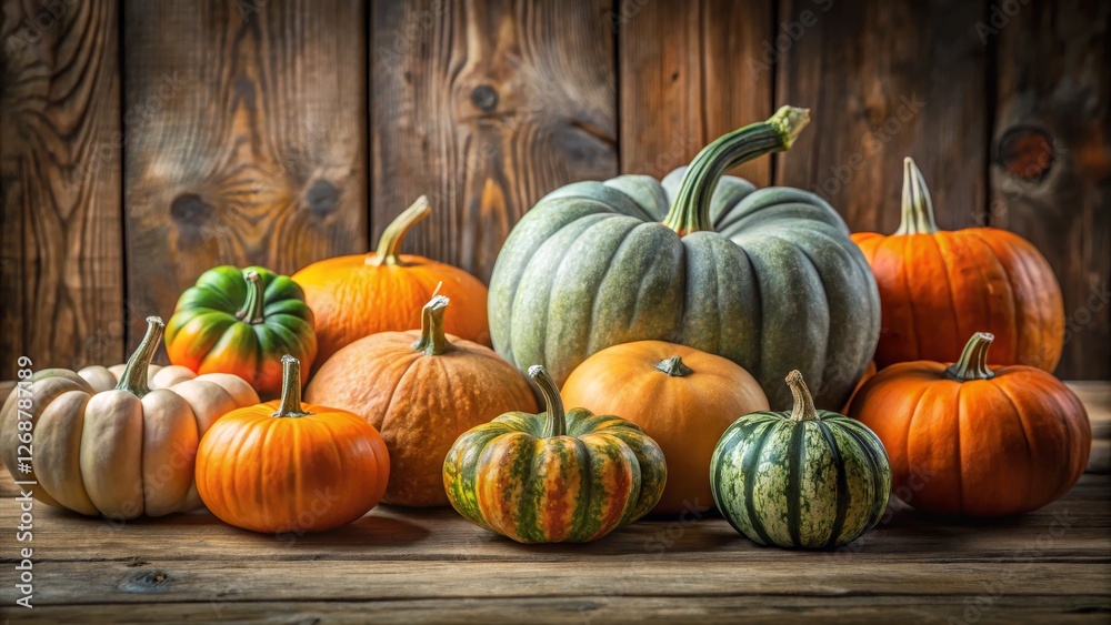 Assorted Pumpkins Displayed on Rustic Wooden Table Background Assorted Pumpkins Displayed on Rustic Wooden Table Background