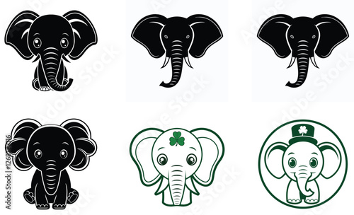 Cute and Elegant Elephant Illustrations Black and White Vector Mascot Designs with Lucky Clover Theme