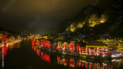 Obraz na płótnie The Beautiful Ancient City of Zhenyuan, Guizhou, China at Night w salonie