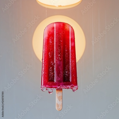Summer's Sweet Escape: A Vibrant Red Popsicle with a Creamy Center, Melting Delightfully on a Bed of Crushed Ice.
