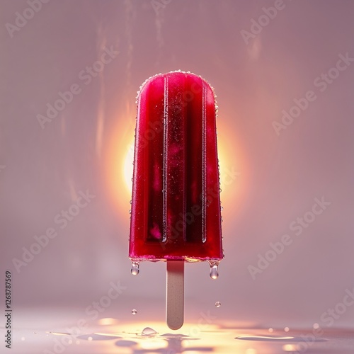 Summer's Sweet Escape: A Vibrant Red Popsicle with a Creamy Center, Melting Delightfully on a Bed of Crushed Ice.
