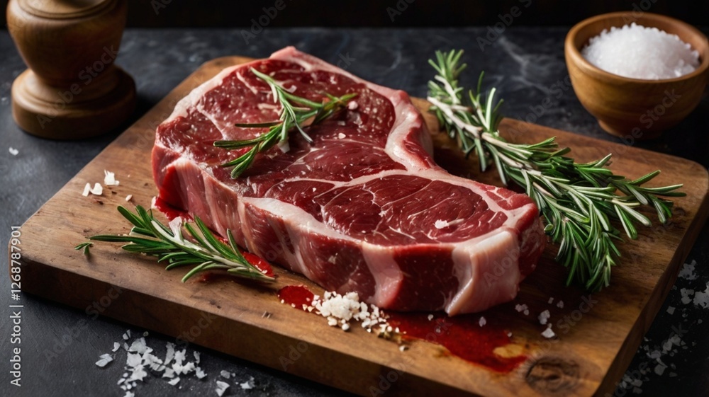 A raw Bistecca Fiorentina with its deep red color and marbling on a butcher’s board, accompanied by fresh rosemary, garlic, and coarse salt. A raw Bistecca Fiorentina with its deep red color and marbling on a butcher’s board, accompanied by fresh rosemary, garlic, and coarse salt.