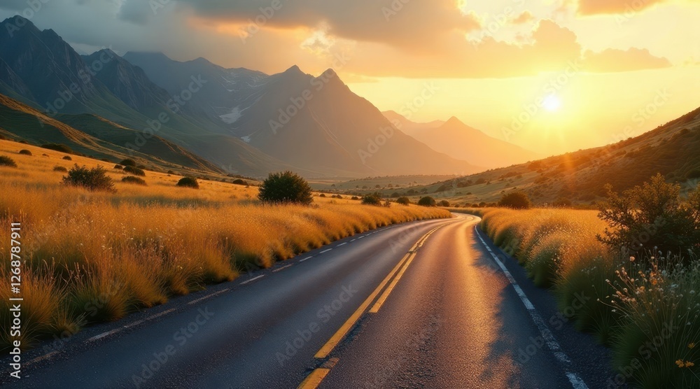Fototapeta premium Golden Hour Road Trip Winding Asphalt Through Sunlit Meadows and Majestic Mountains