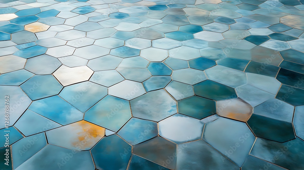 Fototapeta premium A close-up view of a hexagonal tile surface showcasing a mix of blue hues and textures, ideal for interior design projects, contemporary art, or stylish home decor inspirations.