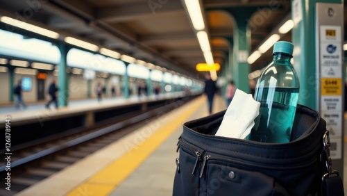 Itchy eyes, Photorealistic train station with an open laptop bag containing tissues and a bottle. photo