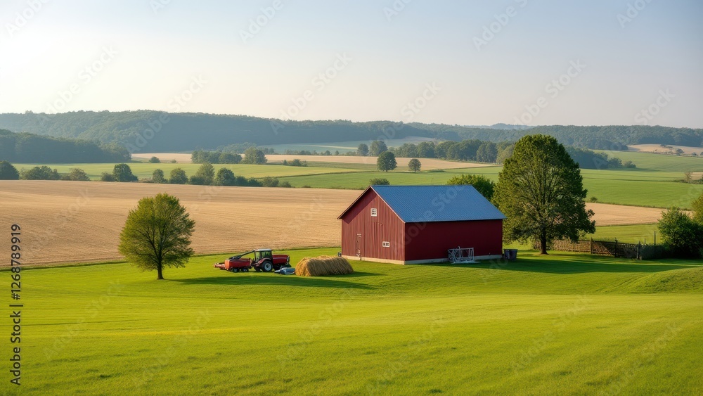 Kids helping shovel, Farm view clear fields red barn farming tools hay stacks in foreground photorealistic. Kids helping shovel, Farm view clear fields red barn farming tools hay stacks in foreground photorealistic.