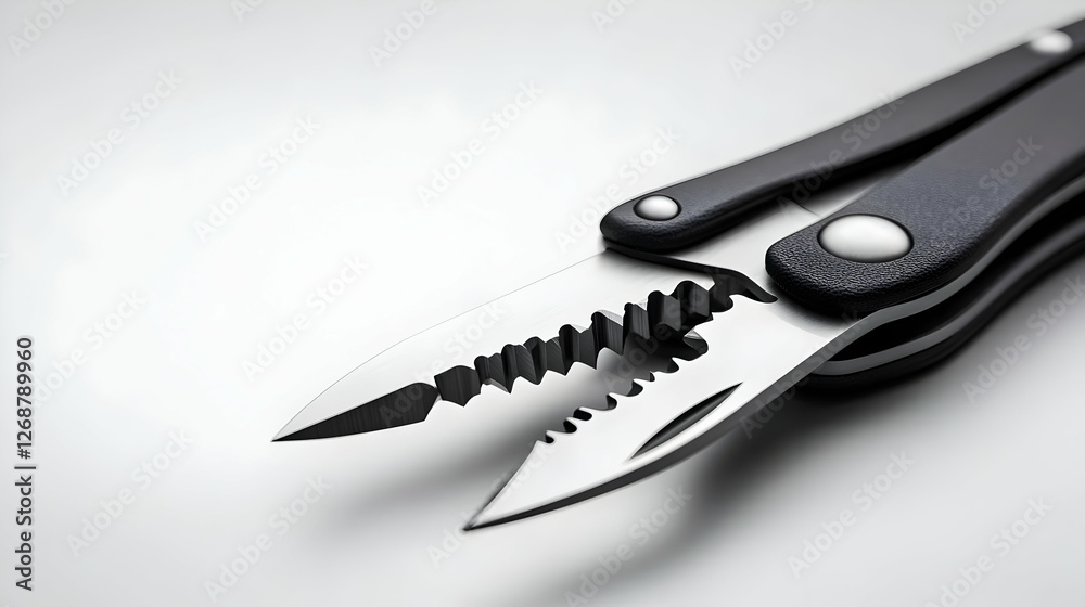 Close-up of a versatile multi-tool pliers with a sleek design and sharp edges. Close-up of a versatile multi-tool pliers with a sleek design and sharp edges.