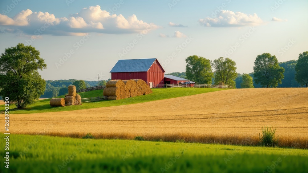 Kids helping shovel, Farm view clear fields red barn farming tools hay stacks in foreground photorealistic. Kids helping shovel, Farm view clear fields red barn farming tools hay stacks in foreground photorealistic.