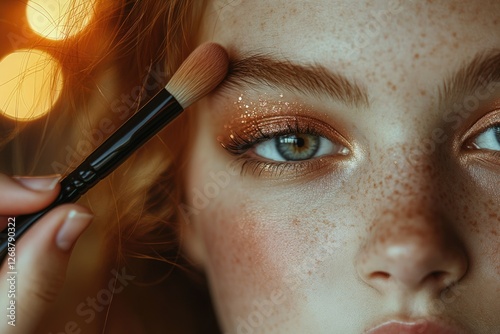 Close-up of a freckled woman's eye with copper glitter eyeshadow being applied with a brush.
