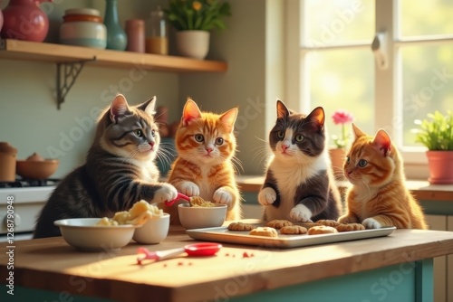 Adorable feline friends enjoying a delightful afternoon tea party in a cozy kitchen setting, sharing sweet treats and playful moments