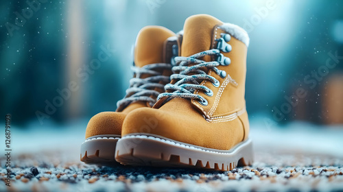 Close-up of stylish yellow boots on a textured surface, perfect for winter adventures. photo