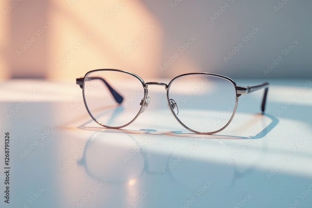 Stylish Metal Frame Eyeglasses Resting on a Smooth Surface in Soft Light Stylish Metal Frame Eyeglasses Resting on a Smooth Surface in Soft Light