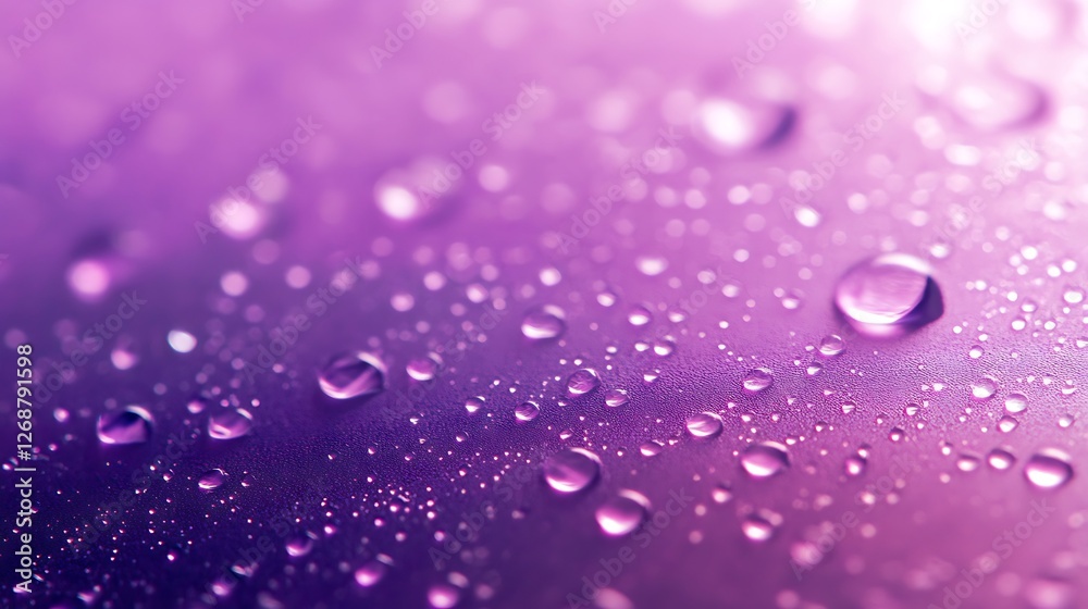 A close-up of water droplets on a purple gradient surface, reflecting light. A close-up of water droplets on a purple gradient surface, reflecting light.