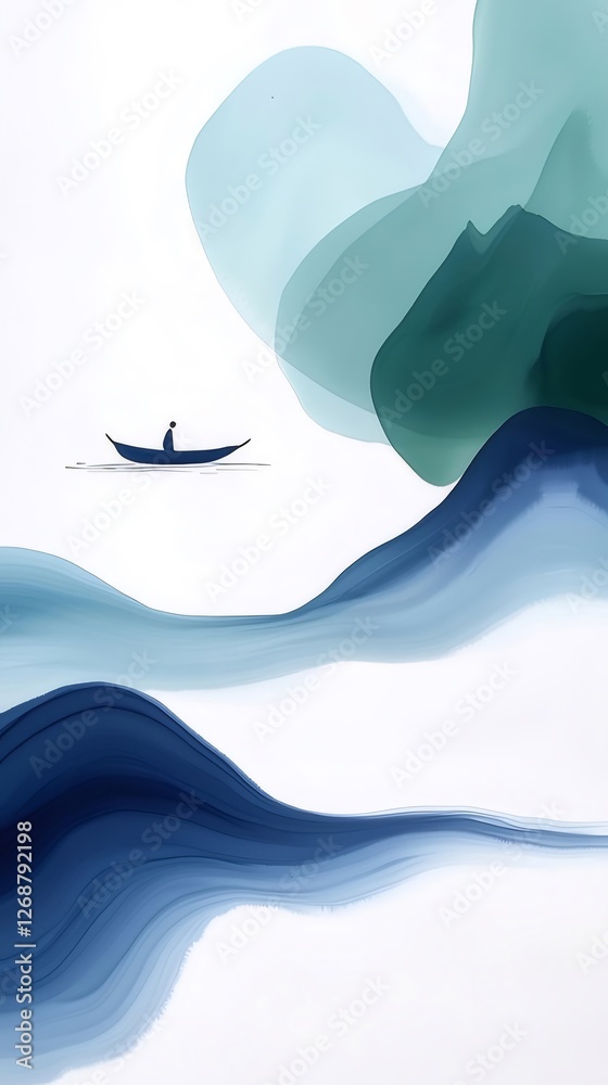 Serene lake, lone boat, abstract hills, calm scene, poster art Serene lake, lone boat, abstract hills, calm scene, poster art