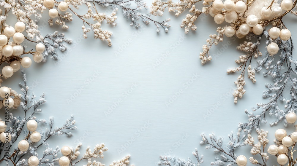 Festive frame of pearl-adorned branches on light blue background. Festive frame of pearl-adorned branches on light blue background.